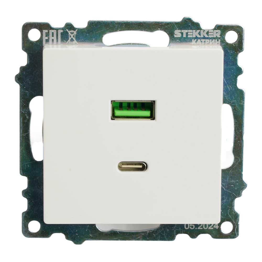 Розетка USB 2-местная + type C (механизм), STEKKER GLS10-7116-01, 250В, 3А, max 20W, серия Катрин, белый 50051