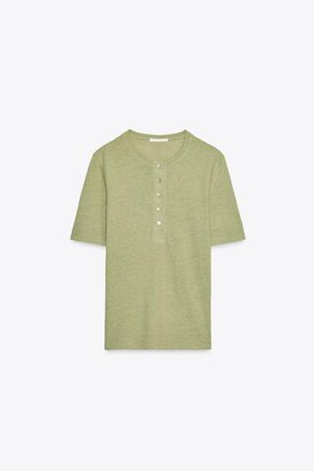 ZARA ФУТБОЛКА ИЗ СМЕСОВОГО ЛЬНА С ПУГОВИЦАМИ, ЗЕЛЕНЫЙ