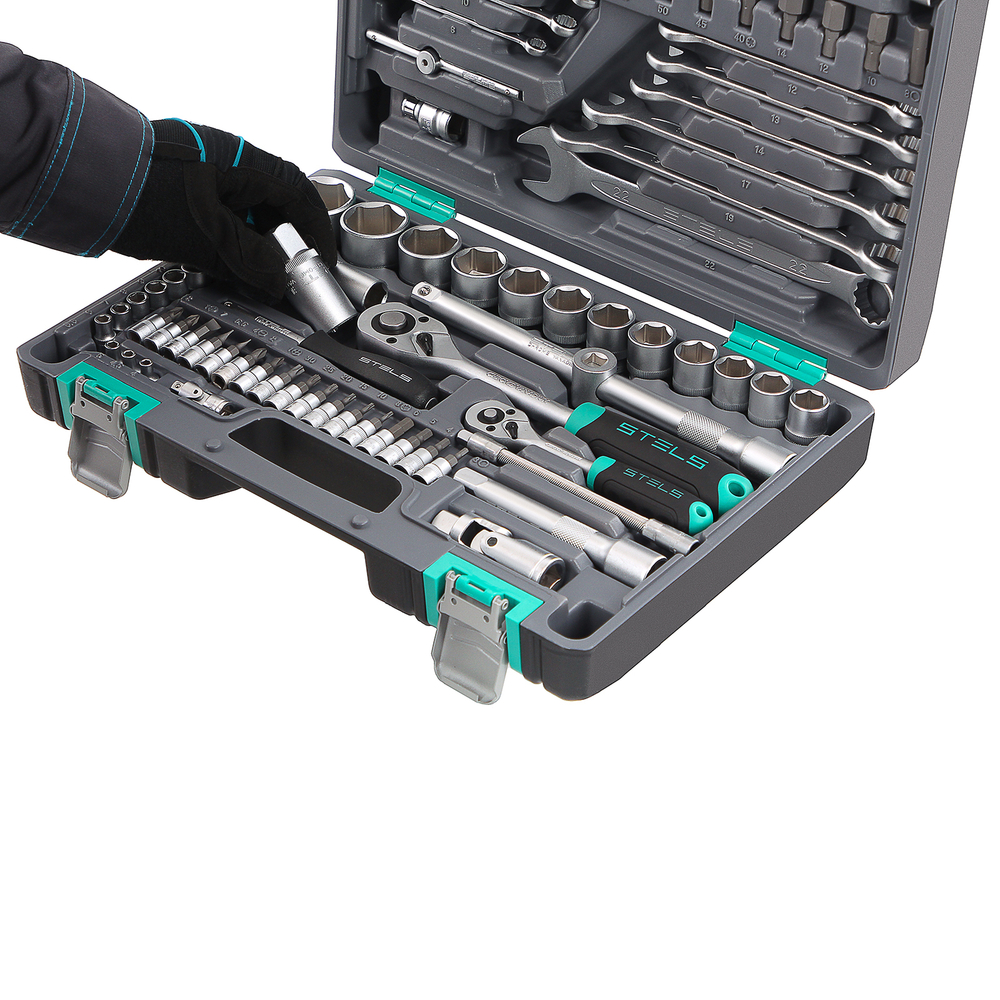Набор инструментов, 1/2",3/8", 1/4", CrV, пластиковый кейс 142 предмета Stels