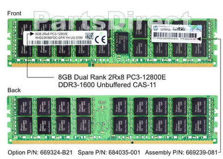 Модуль памяти HPE 669239-081 HP 8-GB (1x8GB) Dual Rank UDIMM