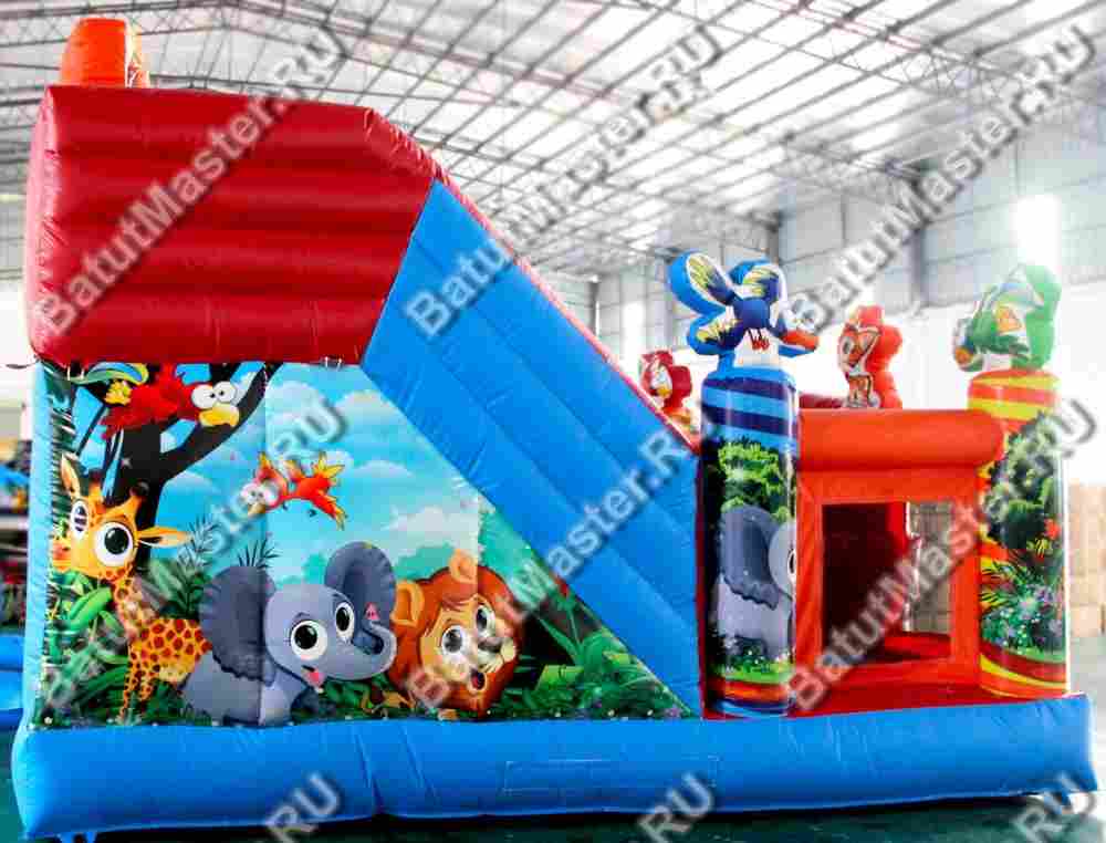 Коммерческий надувной батут "Звериный мир" с горкой и аркой, сетка на входе, 6*5*4 м