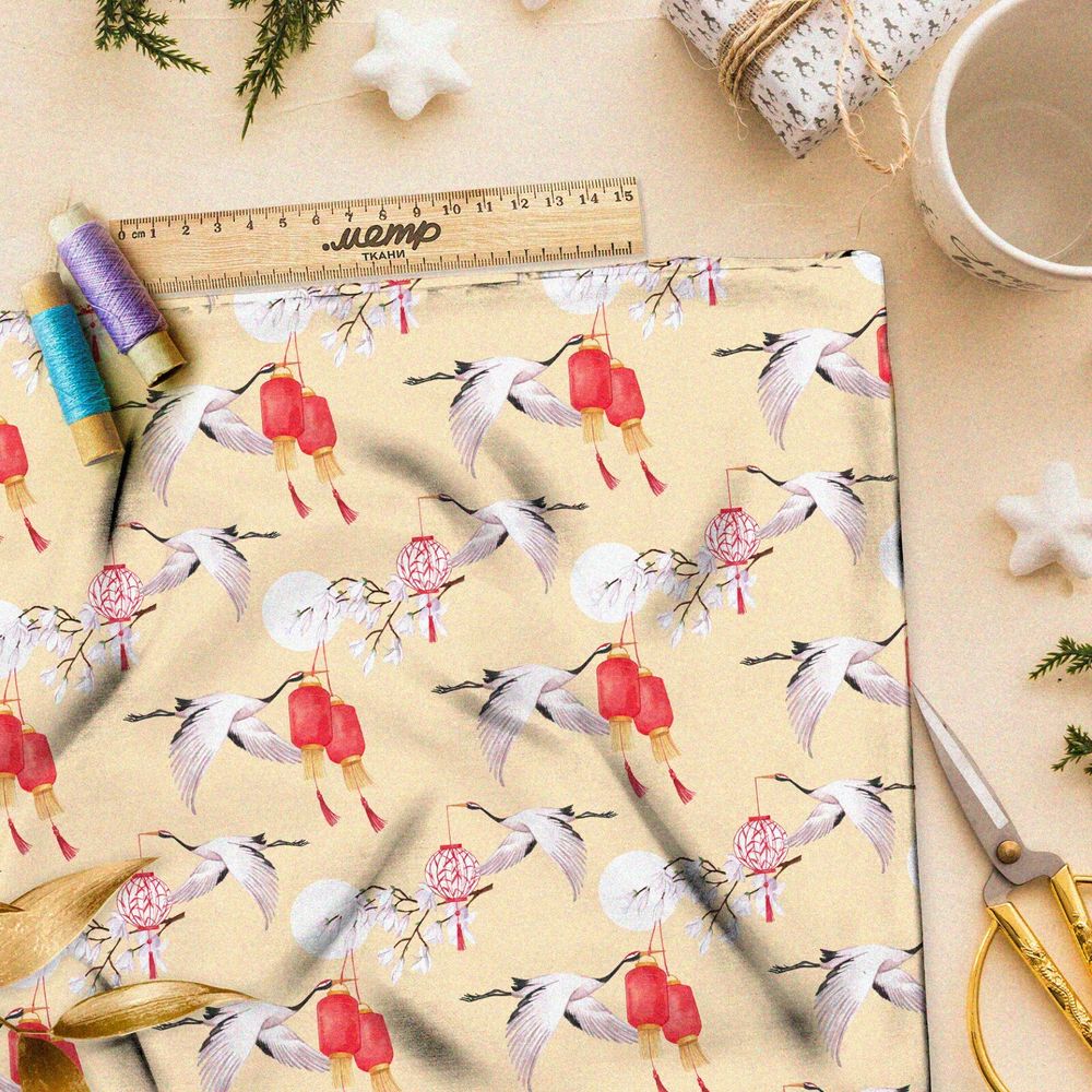 Ткань бифлекс летящие аисты и красные фонари на ветвях