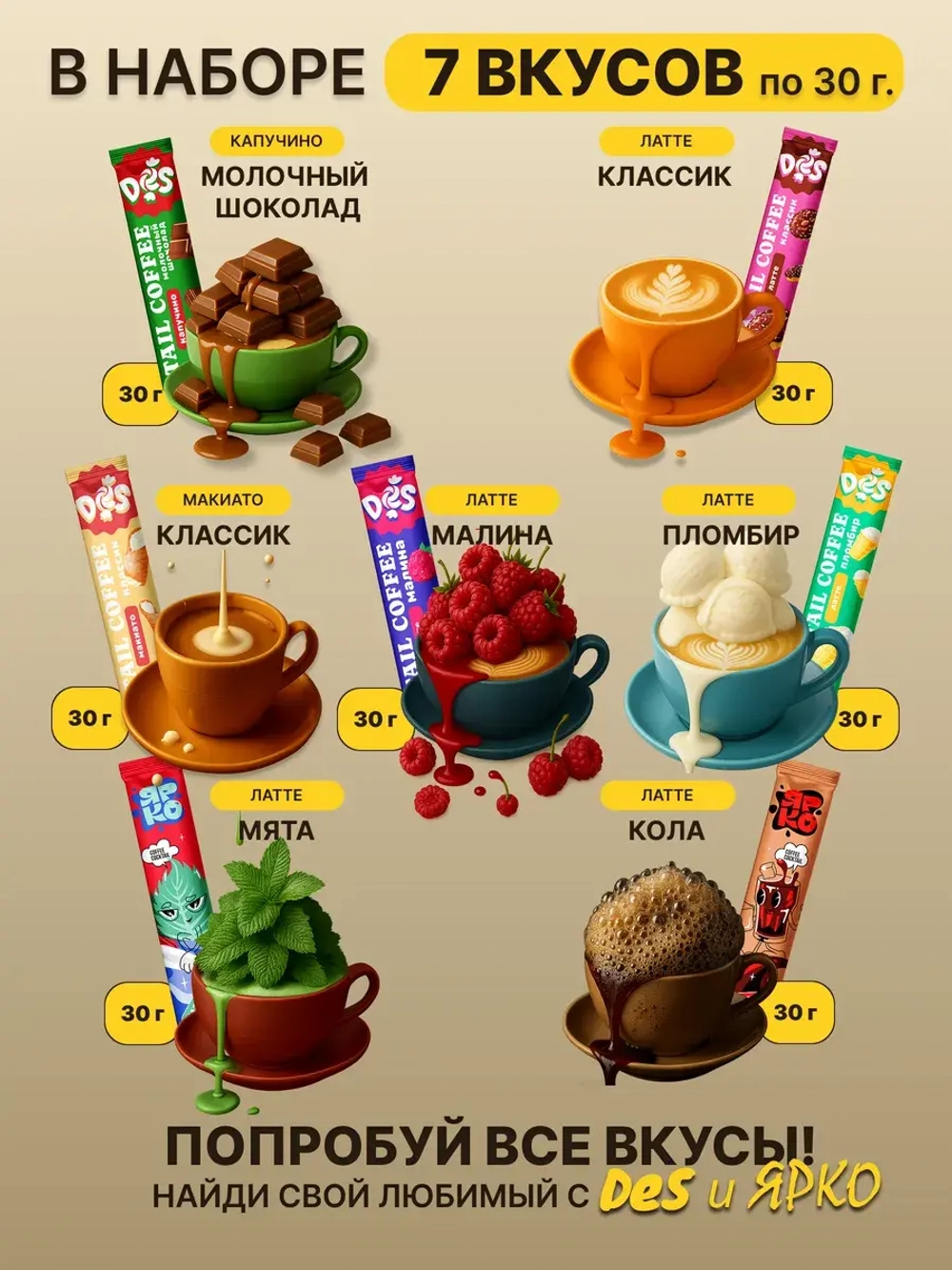 Кофе 3 в 1 набор "Все вкусы" Ярко и Des 39 штук