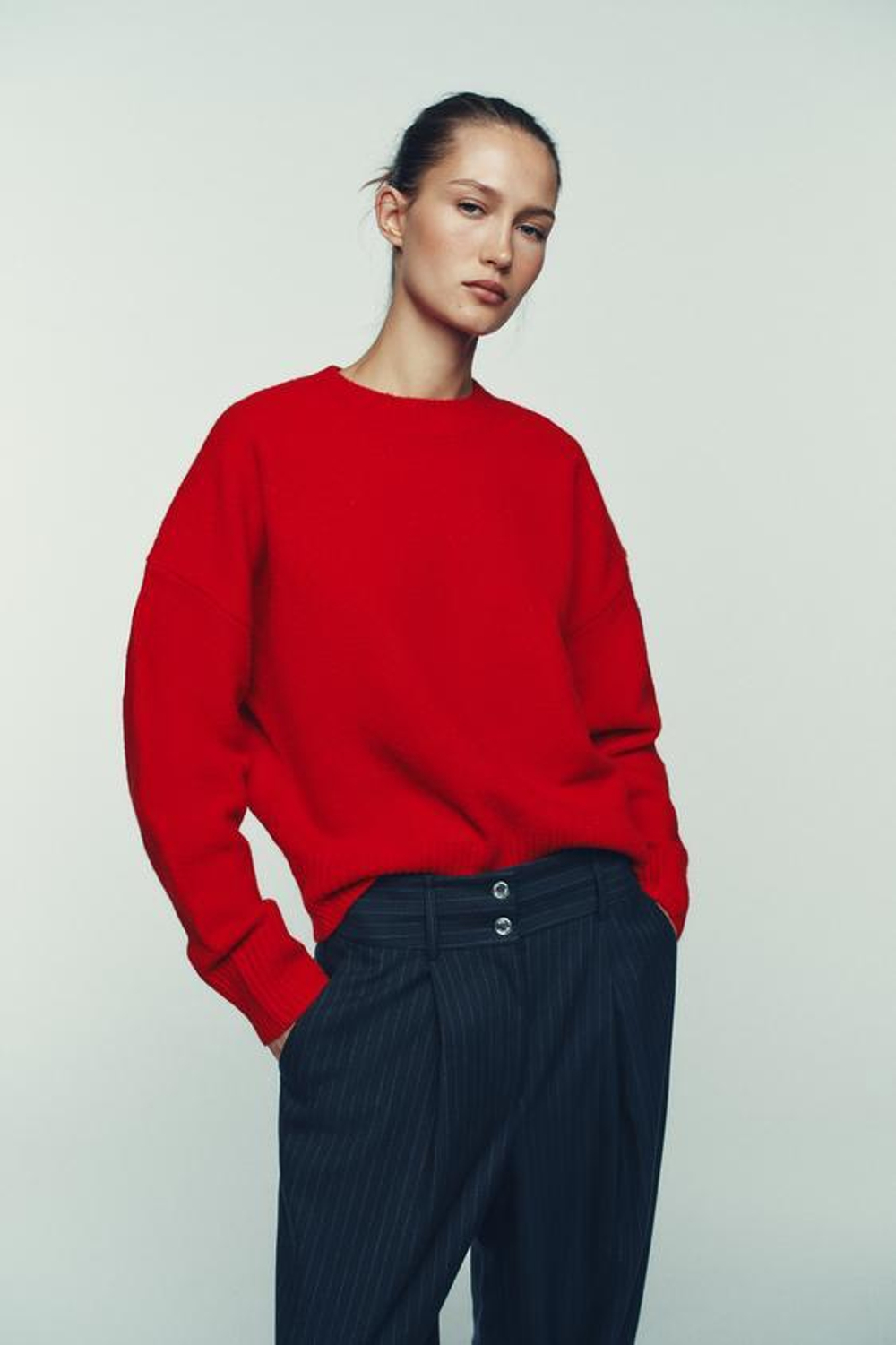 ZARA БРЮКИ-БАГГИ В ТОНКУЮ ПОЛОСКУ, ТЕМНО-СИНИЙ/БЕЛЫЙ