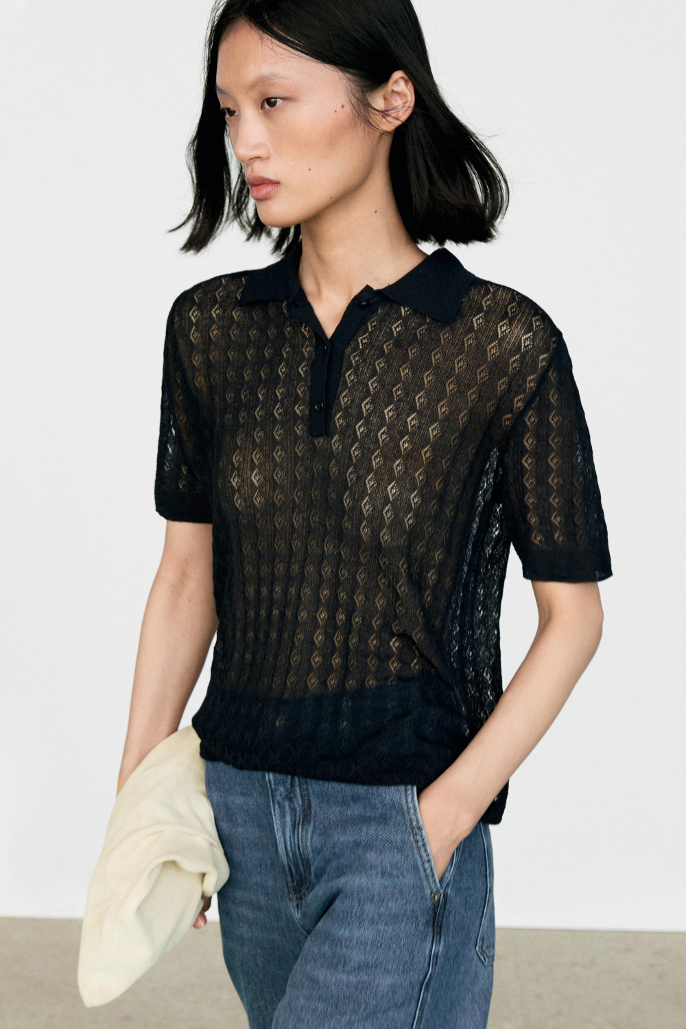 Massimo Dutti Трикотажное поло с ажурным узором, черный