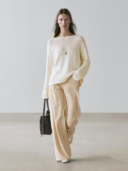 Massimo Dutti Свитер из смесового хлопка с ажурным узором, натуральный/кремовый