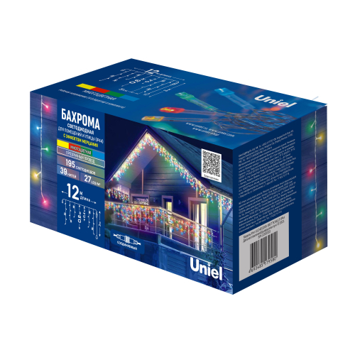 ULD-B12006-195/TTK MULTI IP44 Бахрома светодиодная с эффектом мерцания, 12м. Соединяемая. 195 светодиодов. Разноцветный свет. Провод прозрачный. ТМ Un