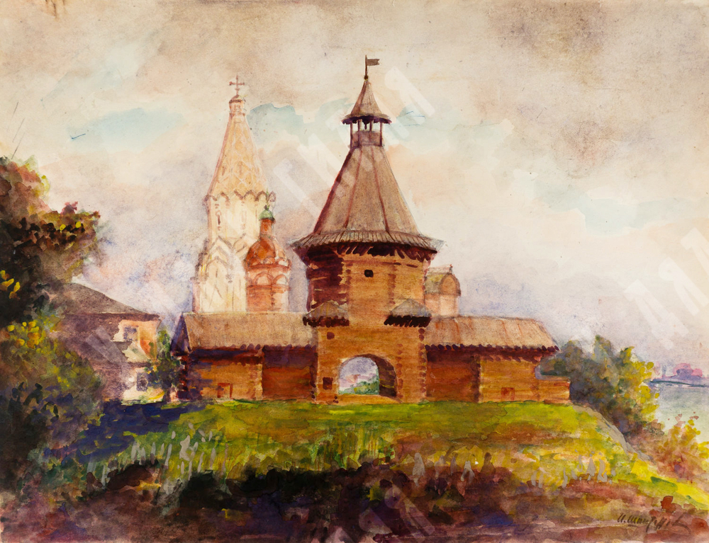 Шпитонов И. В. «Коломенское. Вид на Главные ворота и Церковь Вознесения». Акварель. 1960-е гг.