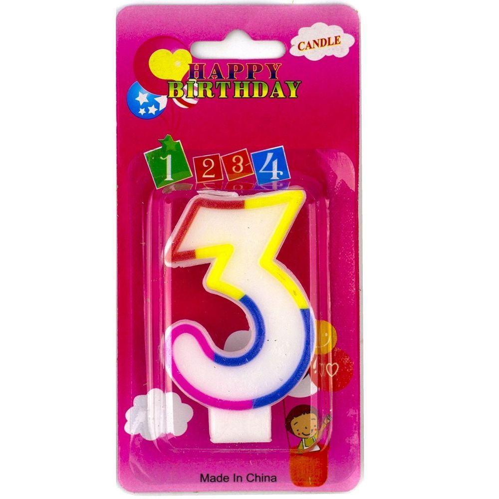 Свеча для торта с держателем Alingar, 7,0 см, "Цифра 3", белый цвет, цветная окантовка, блистер с европодвесом