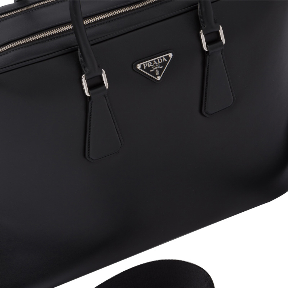 PRADA Leather Portable One Shoulder Crossbody Briefcase Men"s Black