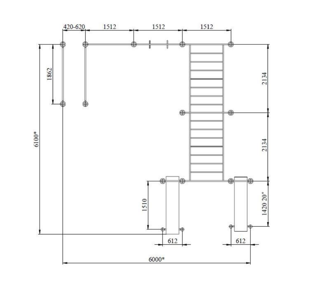 Спортивный комплекс №107, брусья, турник, кольца, шведская стенка, рукоход, скамья, 6100*6000*2700 мм., D=89 мм.