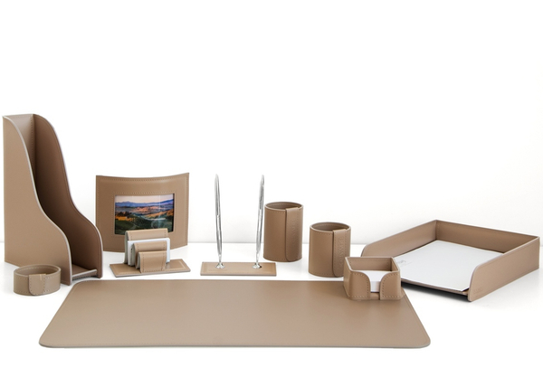 Настольный набор канцелярский 10 предметов из кожи, цвет cafe latte