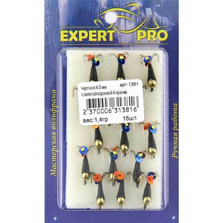 Мормышка EXPERT PRO вольфрам Чертик d4мм 4-крючка с золотой коронкой 1381