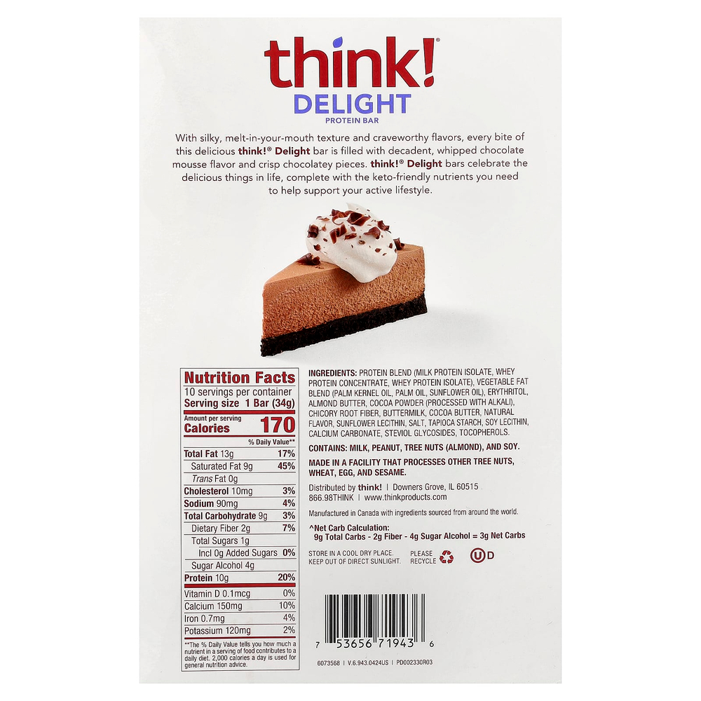 Think !, Delight протеиновый батончик, шоколадный муссовый торт, 10 батончиков по 34 г (1,2 унции)