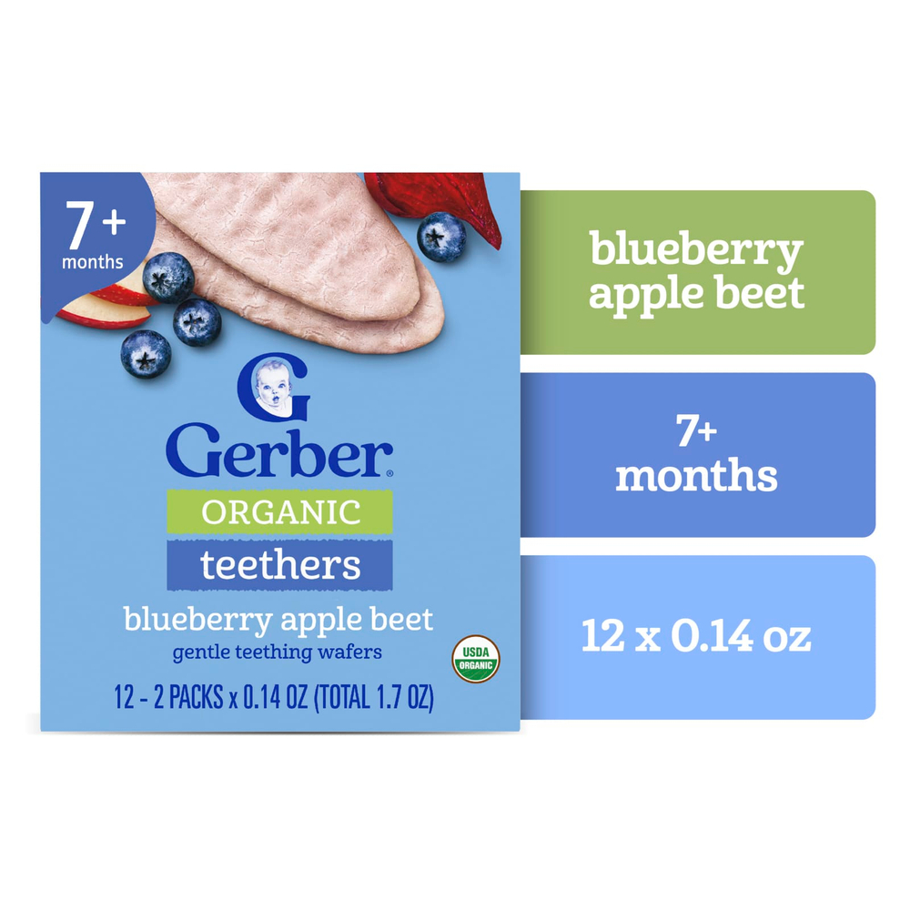 Gerber, органические прорезыватели, вафли для нежного прорезывания зубов, для детей от 7 месяцев, голубика, яблоко и свёкла, 12 пакетиков по 2 шт. в индивидуальной упаковке по 4 г (0,14 унции)