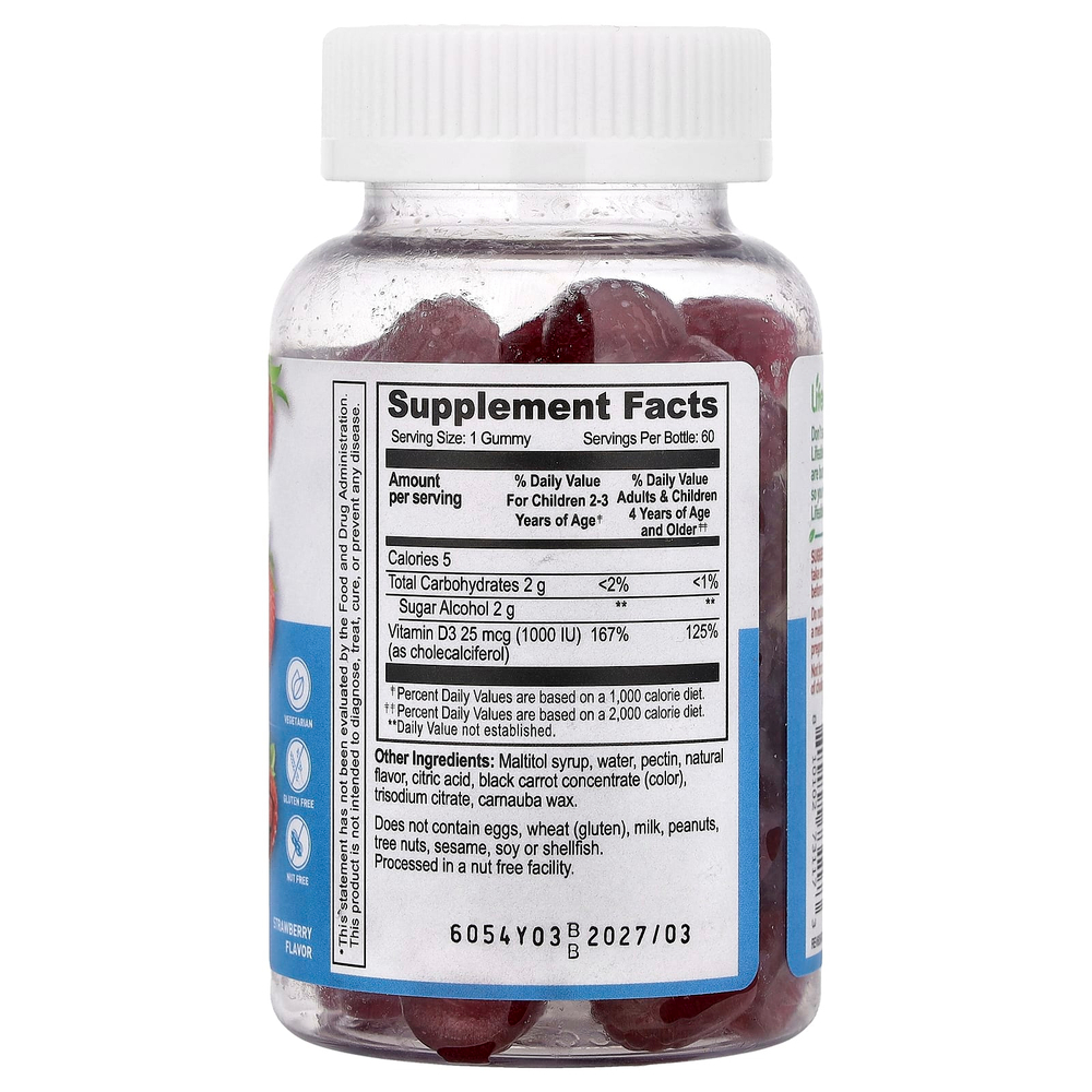 Lifeable, жевательный витамин D3 для детей, без сахара, со вкусом клубники, 25 мкг (1000 МЕ), 60 жевательных таблеток