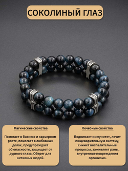 Фото браслет из натурального соколиного глаза со спейсером из мельхиора, с описанием свойств.