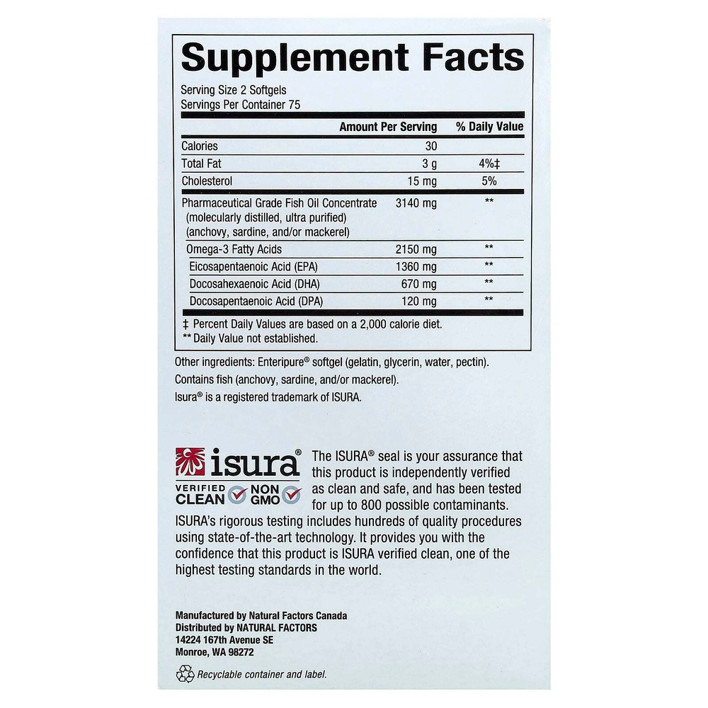 Natural Factors, RxOmega-3, омега-3 повышенной силы действия, 150 капсул (1075 мг в 1 капсуле)