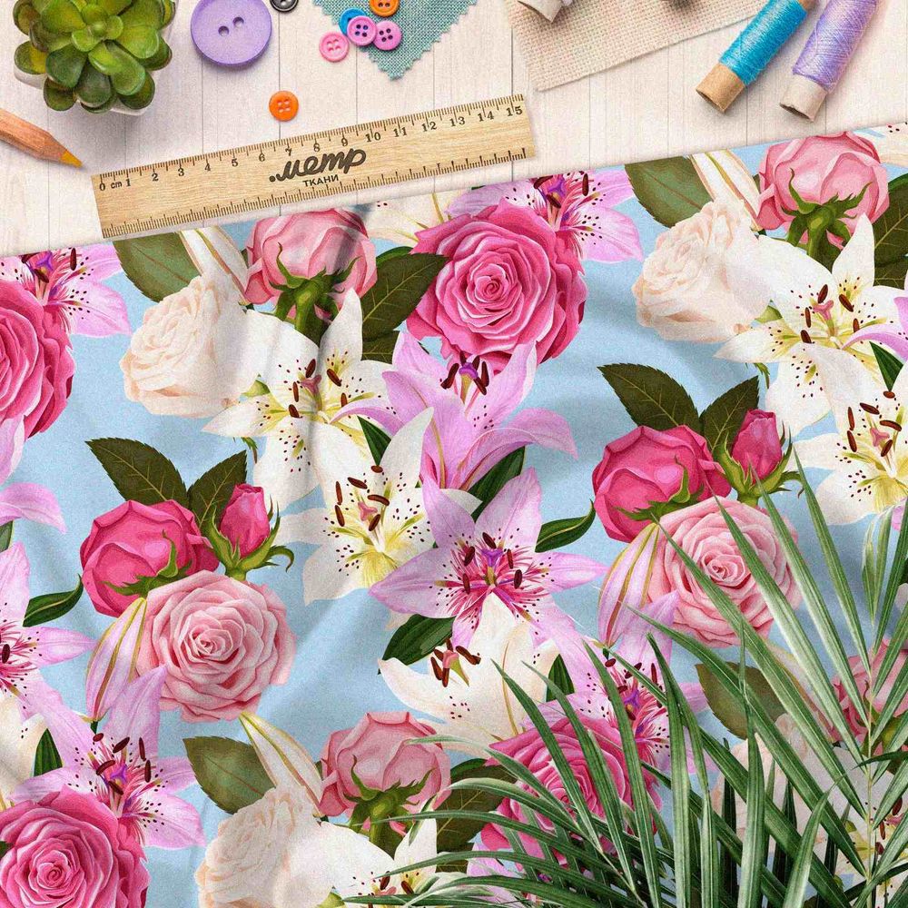 Ткань интерлок голубые цветы счастья