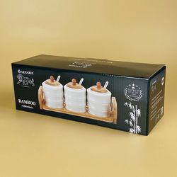 Lenardi 140-155 Набор из 3 банок 320мл для специй с ложками на подставке BAMBOO в под.уп.(х16)Фарфор