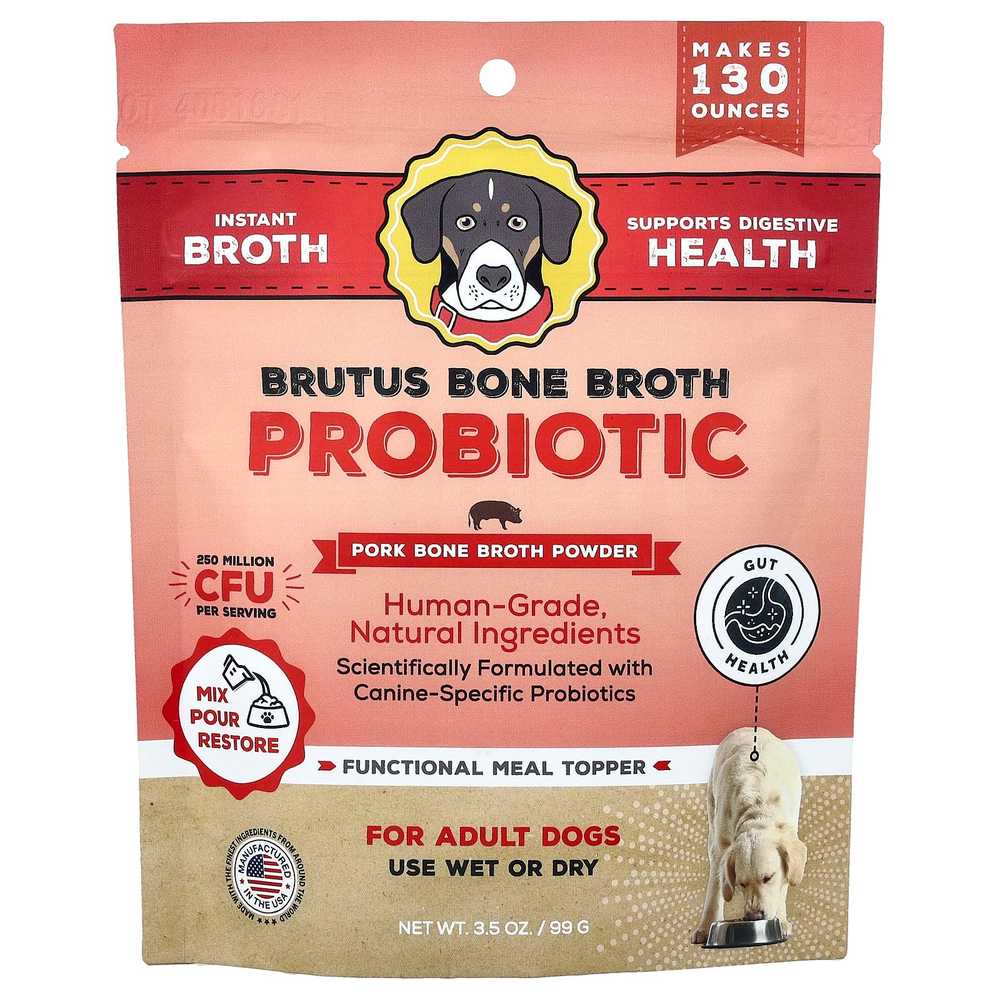 Brutus Bone Broth, пробиотик, порошок из бульона из свиных костей, для взрослых собак, 99 г (3,5 унции)