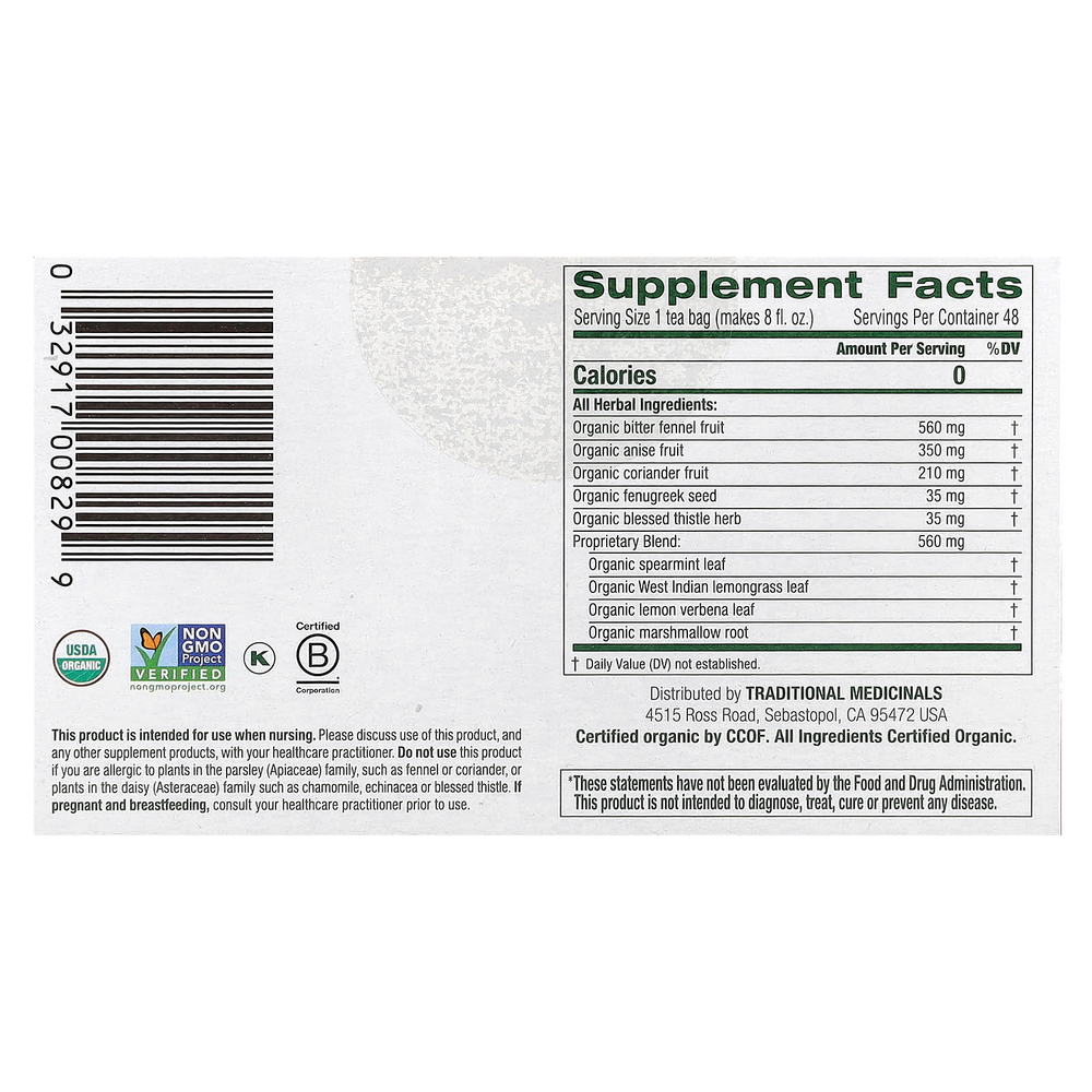 Traditional Medicinals, Organic Mother's Milk®, оригинальный продукт с фенхелем и пажитником, без кофеина, 48 чайных пакетиков в упаковке, 84 г (2,96 унции)