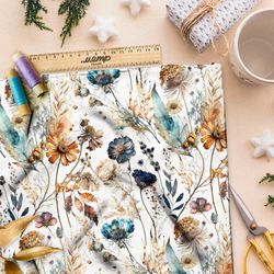 Ткань кулирная гладь сухоцветы васильки и герберы