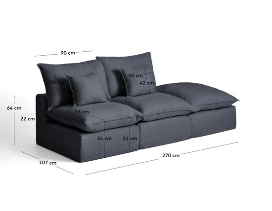 Модульный диван Anarela из темно-серого льна и вискозы с торцевым модулем и съемным чехлом, 270 см