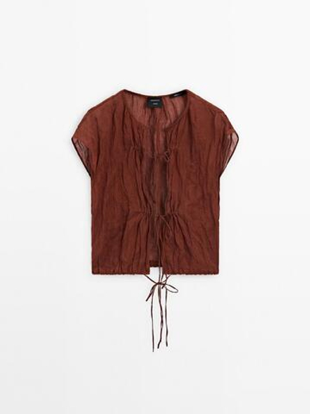 Massimo Dutti Рубашка из смесового хлопка на шнуровке - Studio, коричневатый