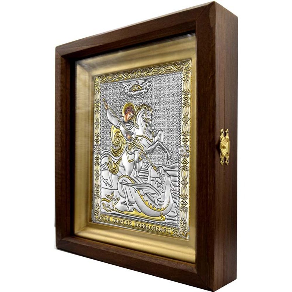 Икона Георгия Победоносца в серебряном окладе в киоте