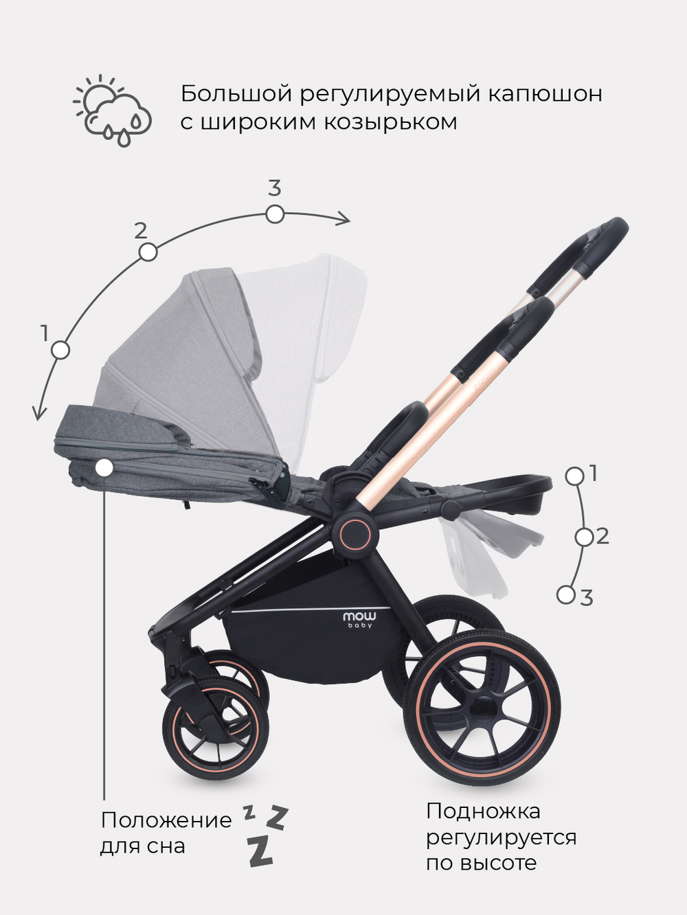 Коляска детская MOWBaby "ZOOM"PU (3в1) RA087 Silver Grey