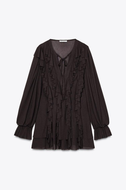 ZARA КОРОТКОЕ ПЛАТЬЕ С ВОЛАНАМИ, ШОКОЛАДНЫЙ