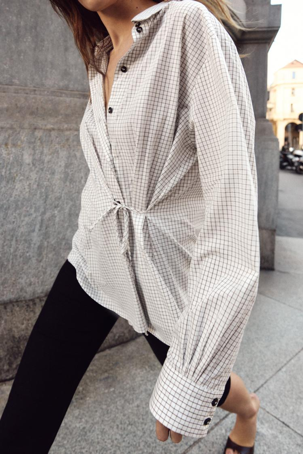 ZARA РУБАШКА В КЛЕТКУ С БАНТОМ, КОРИЧНЕВЫЙ/БЕЛЫЙ