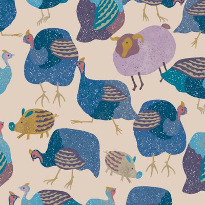 Цесарки, хрюшки, овечки на розовом