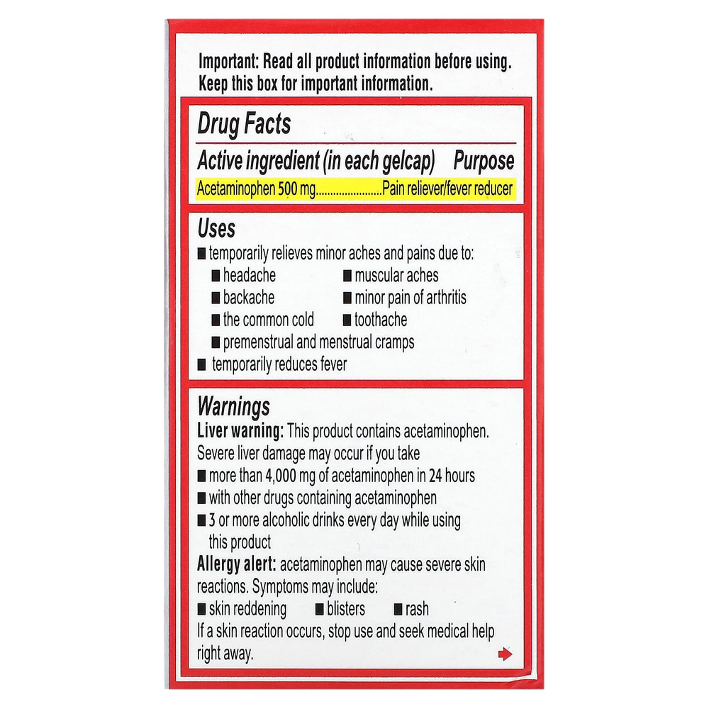 Tylenol, Гели с быстрым высвобождением, ацетаминофен повышенной силы для взрослых, 500 мг, 24 капсулы