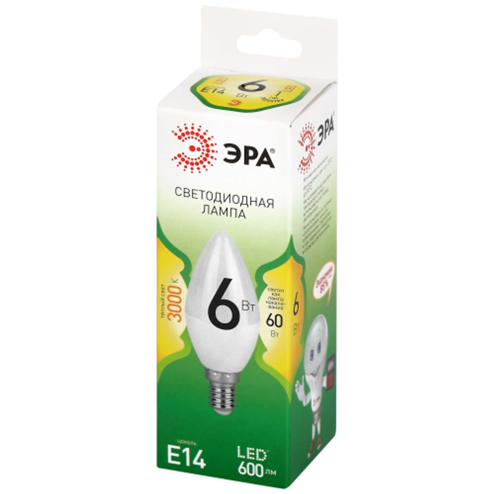 Лампа светодиодная ЭРА GREEN LINE LED B35-6W-830-E14 GL 6Вт свеча теплый свет E14 | Лампы cветодиодные Свеча (B/C)