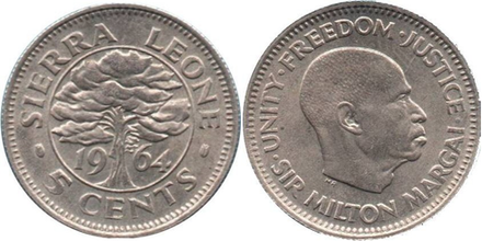 Сьерра-Леоне 5 центов, 1964 Милтон Маргаи XF