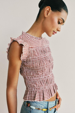 ZARA ТОП В КЛЕТКУ ВИШИ С ЭФФЕКТОМ ЖАТКИ, ЭКРЮ/ГРАНАТОВЫЙ