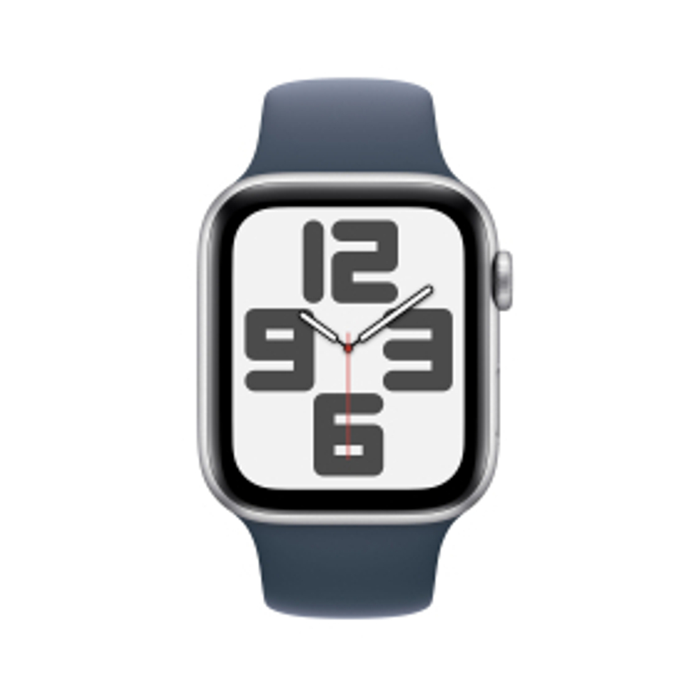 Apple Watch SE 2023, 44 мм, корпус из алюминия серебристого цвета, спортивный ремешок цвета «грозовой синий», размер M/L