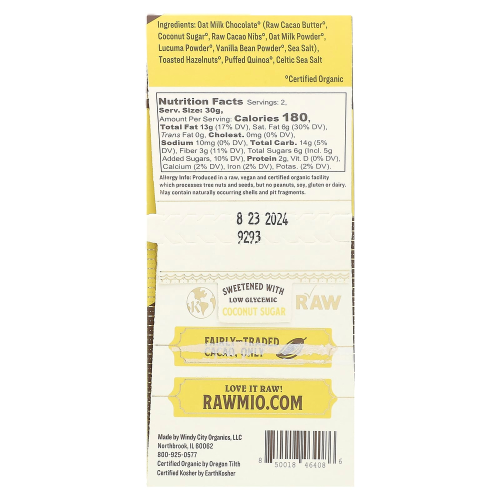 Rawmio, Овсяный молочный шоколад, хрустящая корочка с фундуком и киноа, 60 г (2,12 унции)