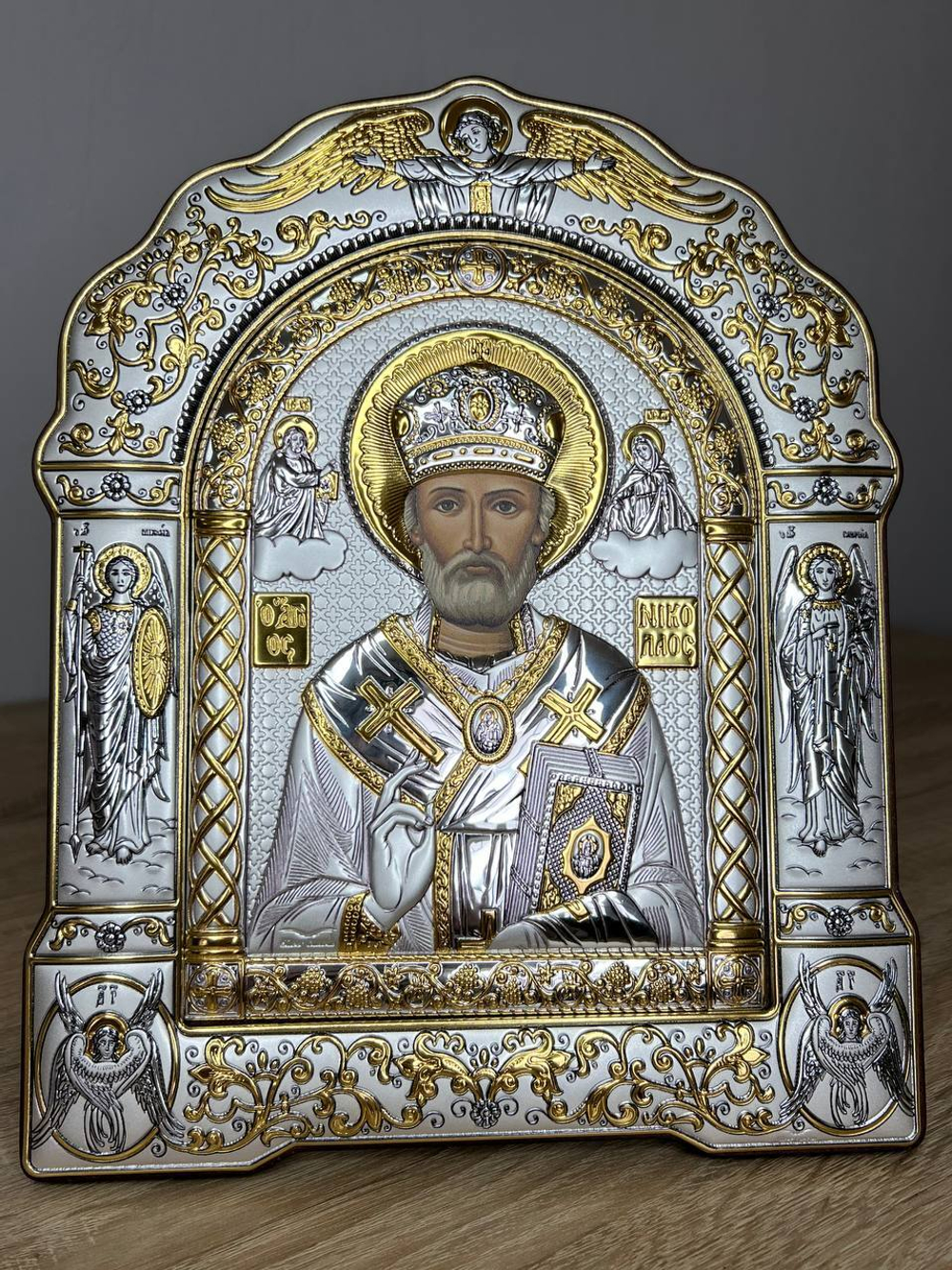 Николай Чудотворец, икона арочная с рамкой, красное дерево 167х228