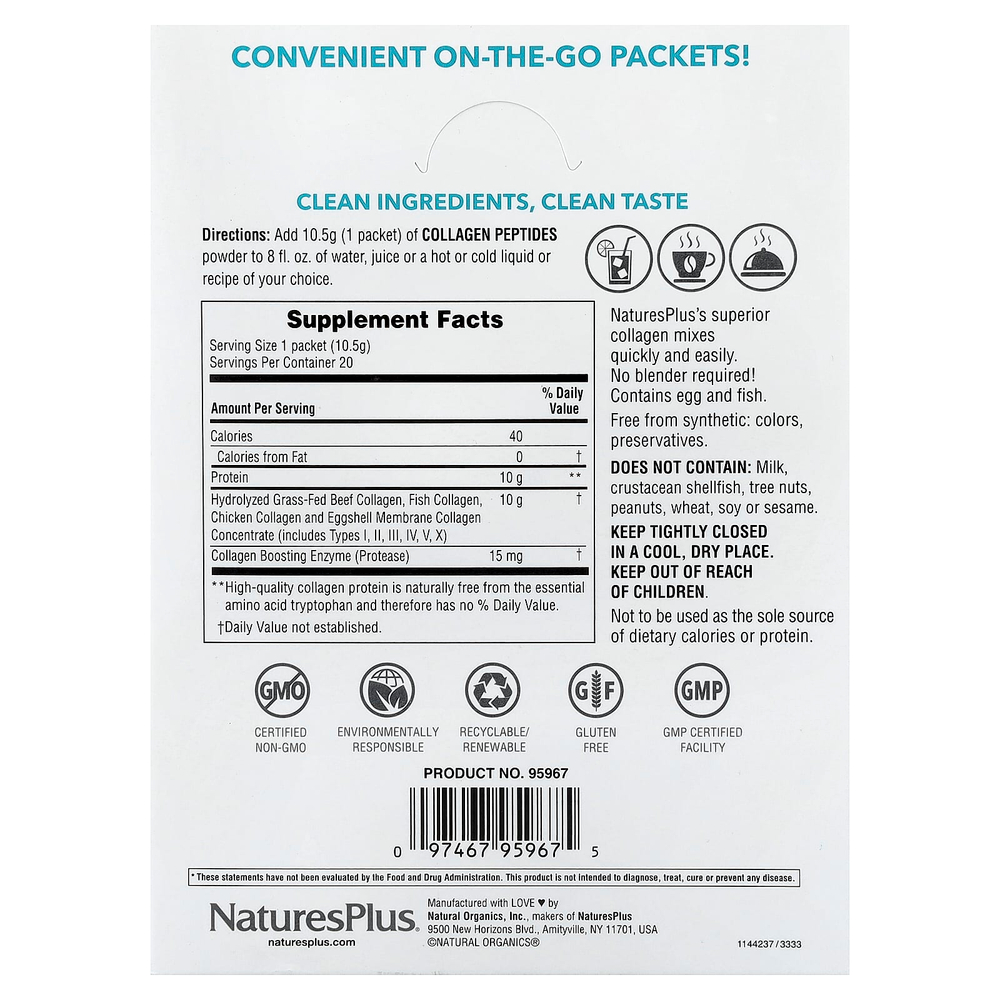 NaturesPlus, Пептиды коллагена, 20 пакетиков, 0,37 унции (10,5 г) каждый
