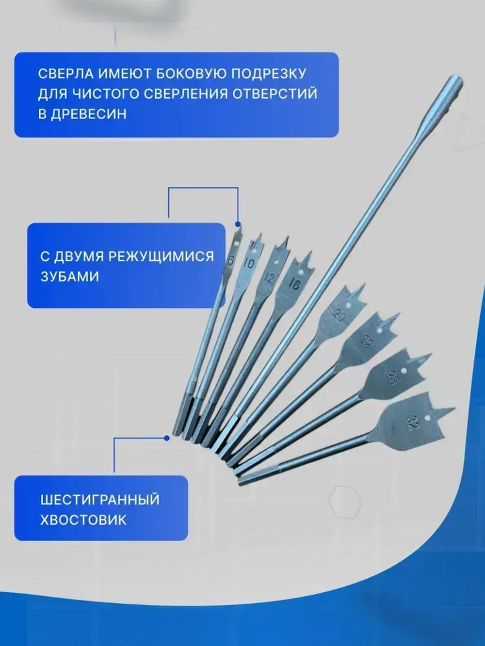 Набор перьевых сверл по дереву 10 шт с удлинителем