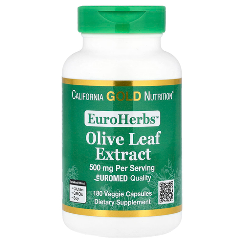 California Gold Nutrition, EuroHerbs™, экстракт листьев оливкового дерева, качество Euromed, 500 мг, 180 растительных капсул