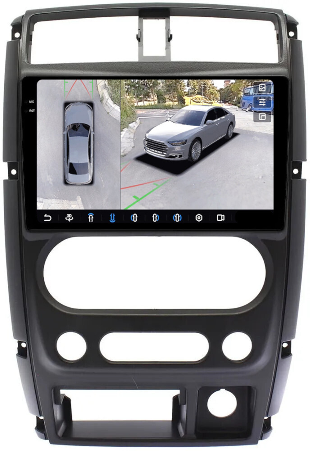 Магнитола для Suzuki Jimny 3 2005-2018 - FarCar BX3059M-360 монитор 9.5" 2K QLED на Android 13, 6Гб+128Гб, CarPlay, 4G SIM-слот, 4 камеры в комплекте