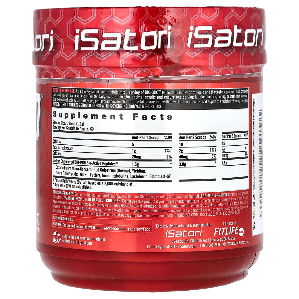 Isatori, Bio-Gro, средство для синтеза протеина, со вкусом ванильного мороженого, 114 г (4,02 унции)