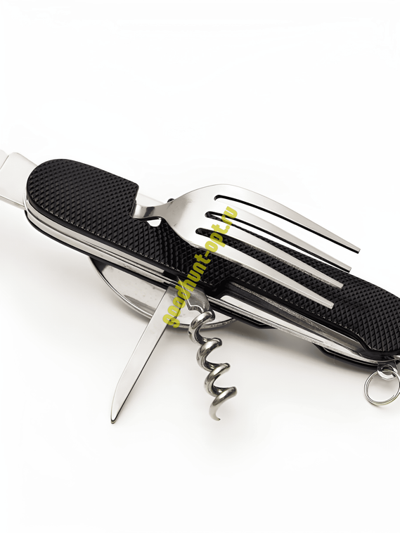 Мультитул 6в1 походный приборы: нож, вилка, ложка, открывашка Черный