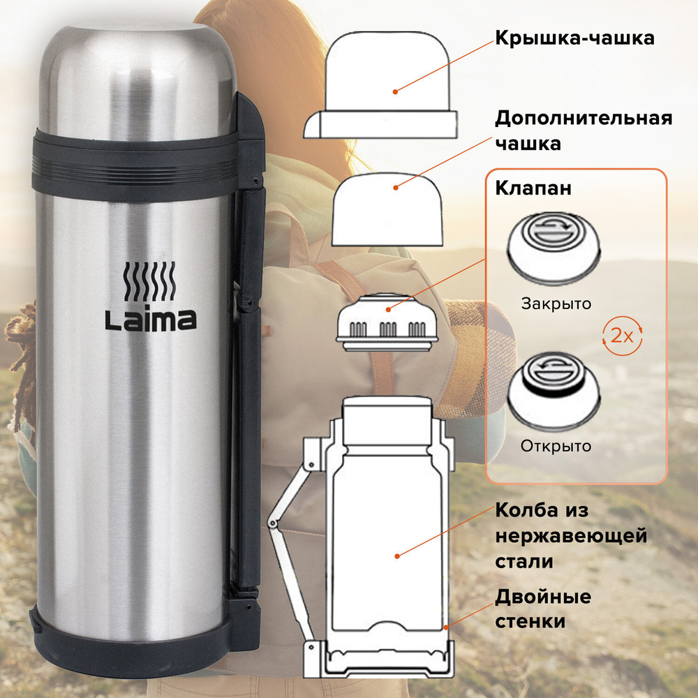 Термос LAIMA классический с узким горлом 1 8 л нержавеющая сталь пластиковая ручка