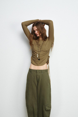 ZARA ФУТБОЛКА В СТИЛЕ РУСТИК СО ШНУРОВКОЙ, ТАБАЧНО-КОРИЧНЕВЫЙ