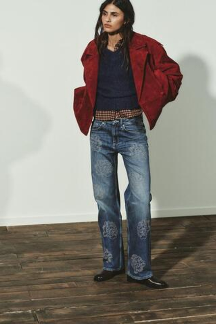 ZARA ДЖИНСЫ BARREL TRF С ВЫСОКОЙ ПОСАДКОЙ И ЦВЕТОЧНЫМ ПРИНТОМ, СИНИЙ